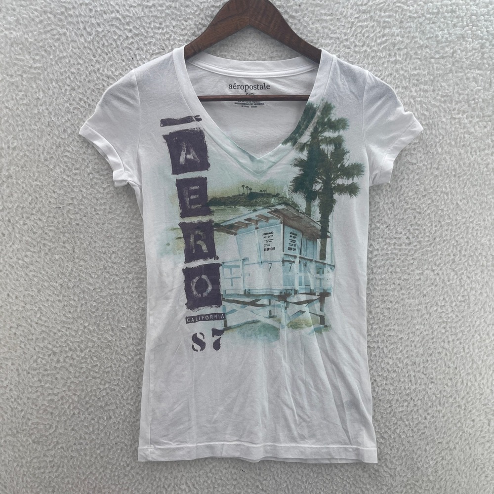 Aeropostale Shirt Womens Small White V-Neck Y2K Surf California Beach Lifegaurd